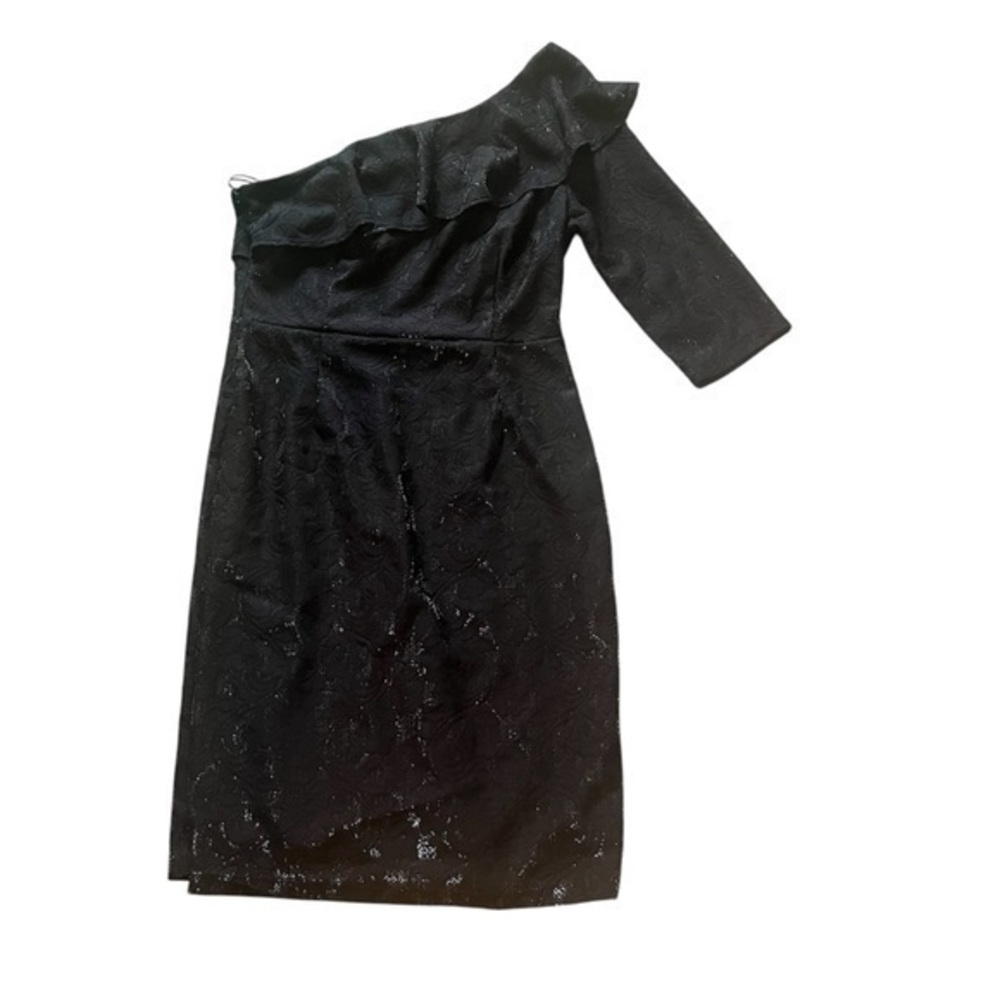 Black Superfoxx lace one shoulder ruffle cocktail dress